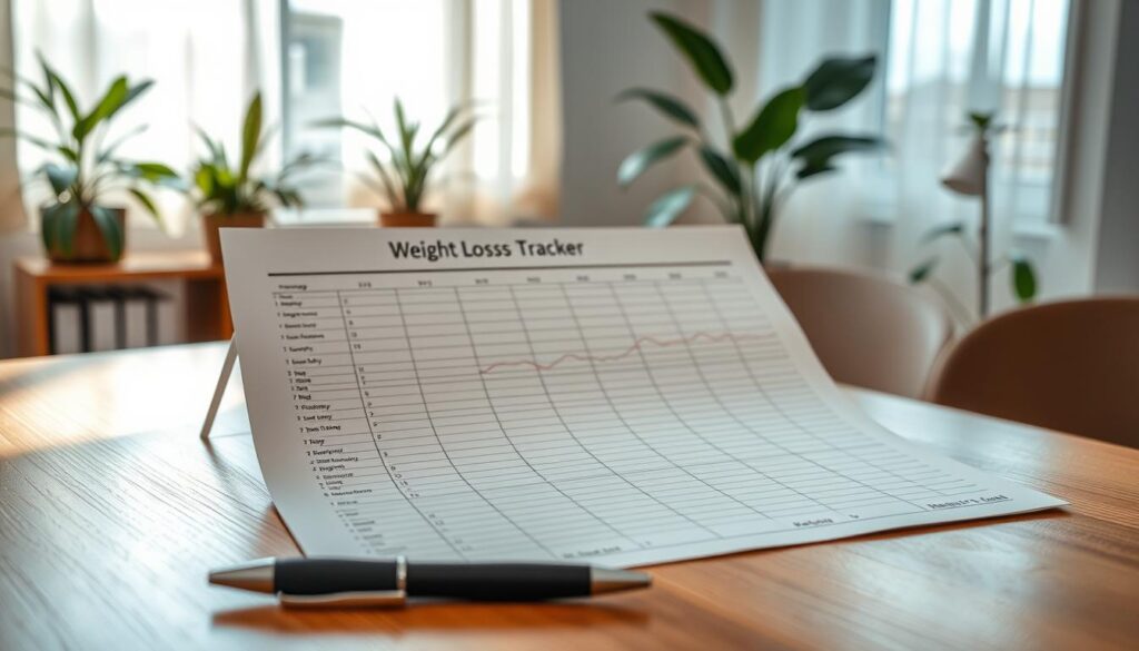 A meticulously crafted weight loss tracker spreadsheet on a wooden desk, illuminated by soft natural lighting filtering through sheer curtains. The spreadsheet is open, displaying neatly organized data and graphs tracking weight, measurements, and progress over time. In the foreground, a sleek black pen rests next to the spreadsheet, ready to record the next update. The background features a minimalist, plant-filled office space, creating a serene and motivational atmosphere for achieving health and wellness goals.