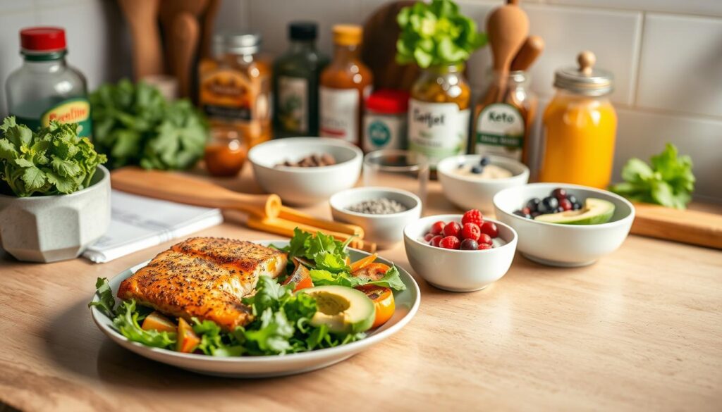 A neatly organized kitchen counter with an array of fresh ingredients and low-carb dishes, illuminated by soft, natural lighting. In the foreground, a plate showcases a savory keto-friendly meal - grilled salmon, roasted vegetables, and a side salad. In the middle ground, various small bowls contain additional keto-friendly options like chia pudding, avocado mousse, and a handful of berries. The background features a selection of keto-approved condiments, spices, and cooking utensils, creating a warm, inviting atmosphere. The overall scene conveys a sense of simplicity, nutrition, and energy-boosting properties, perfect for a midweek keto meal.