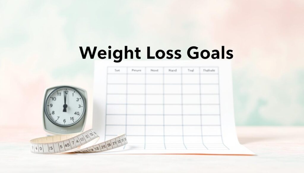 A weight loss tracking sheet against a soft, pastel-toned background. The foreground features a stylized weight scale icon, a tape measure, and a minimal grid layout for recording weight loss progress. The middle ground showcases a subtly textured paper-like surface, with delicate washes of mint green and pale pink hues. The background is softly blurred, creating a sense of depth and focus on the central tracking elements. The overall aesthetic is clean, modern, and encouraging, suitable for a "Setting Up Your Weight Loss Goals" section.